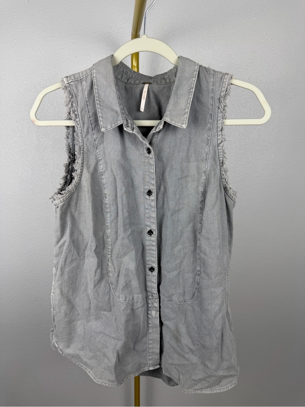 Free People Gray Linen Blend Raw Edge Button Down Top Small